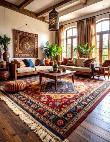 Round cream and blue Persian medallion carpet