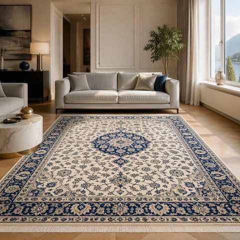 Cream and navy blue Persian Nain carpet