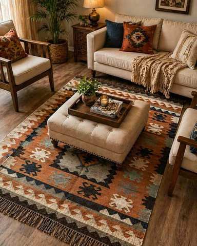 Rust, navy & sage geometric medallion pattern