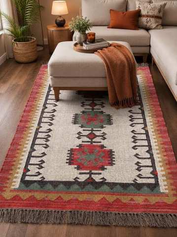 Cream field with red & sage floral medallions