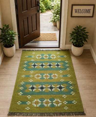 Olive green floral trellis entryway runner
