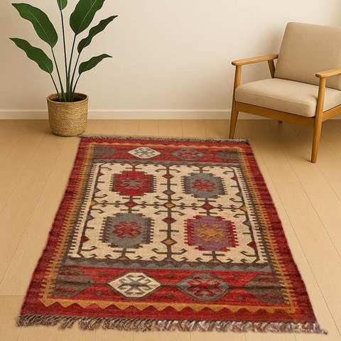 Cream field with red & grey star motifs