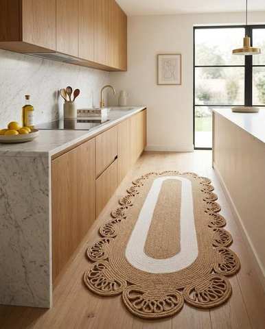 Ivory oval kitchen runner with lace scallop edge