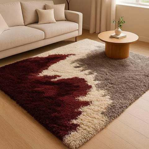 Burgundy, cream & grey ombre shag rug