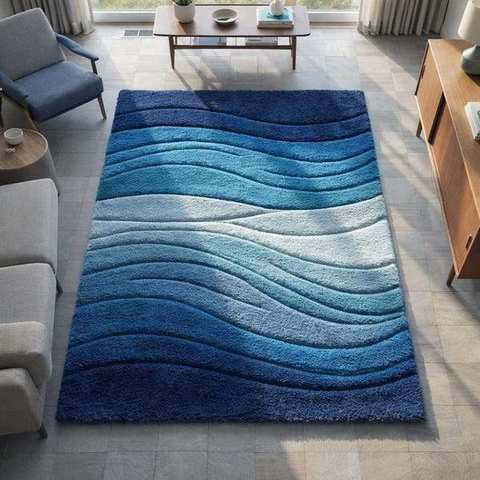 Blue ombre wave-textured shag rug