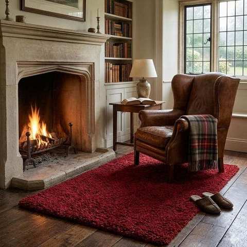 Rich red shag rug, cosy fireside style