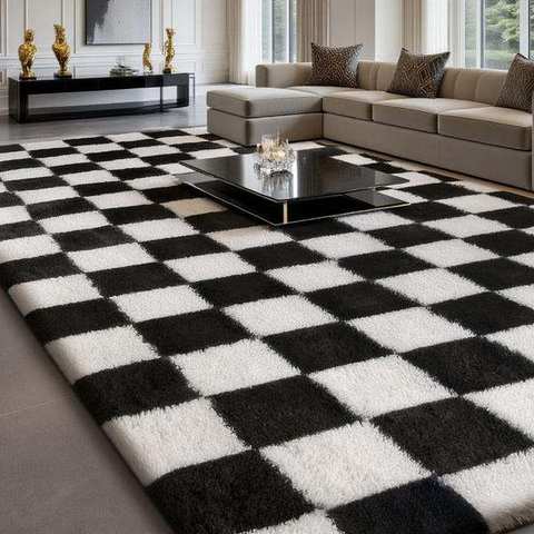 Bold black & white checkerboard shag rug