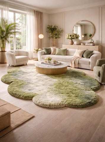 Sage green & cream flower-shaped shag rug