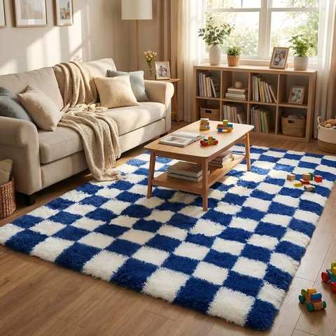 Navy & white checkerboard kids-friendly shag