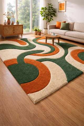 Orange, green & cream swirl pattern shag rug