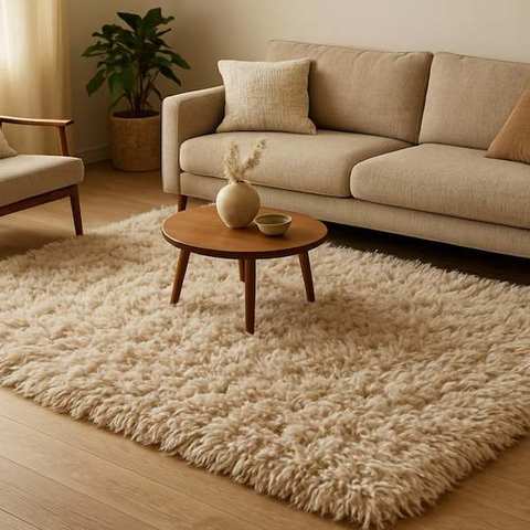 Soft almond-beige deep pile shag rug