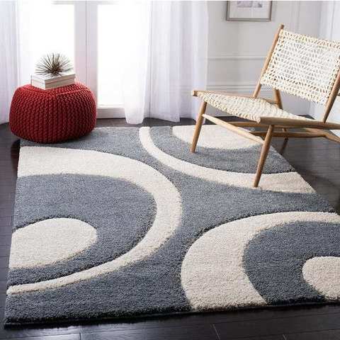Grey & cream arc pattern carved shag rug