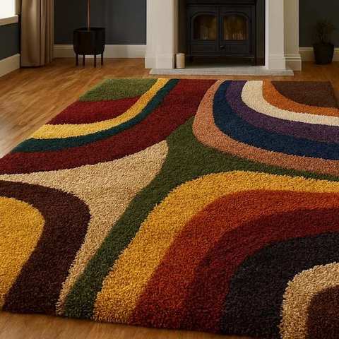 Multicolour retro curve pattern shag rug