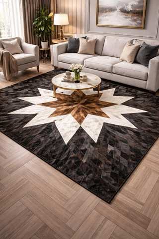 Star compass patchwork leather rug in living room