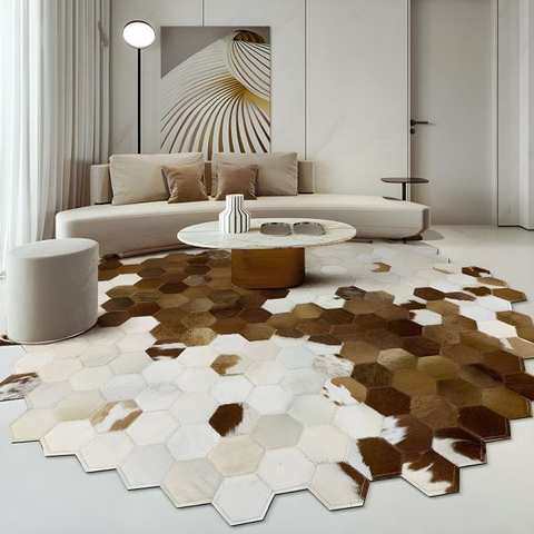 Hexagonal cowhide patchwork rug