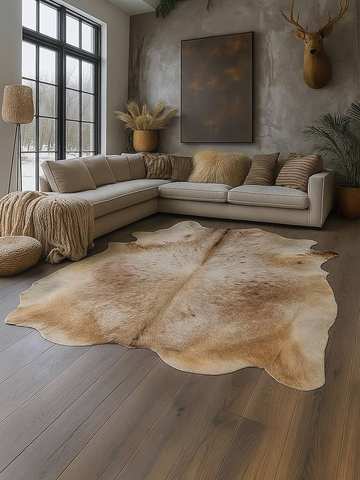 Brown and white hexagon patchwork cowhide leather rug
