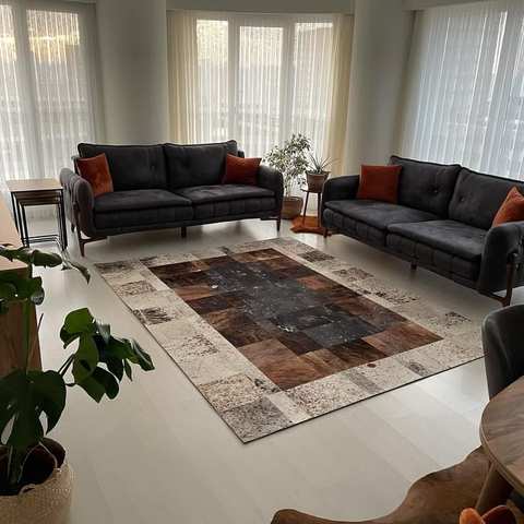 Brown patchwork square cowhide leather carpet luxury