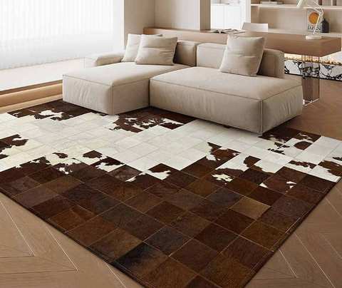 Natural brown and white cowhide leather rug