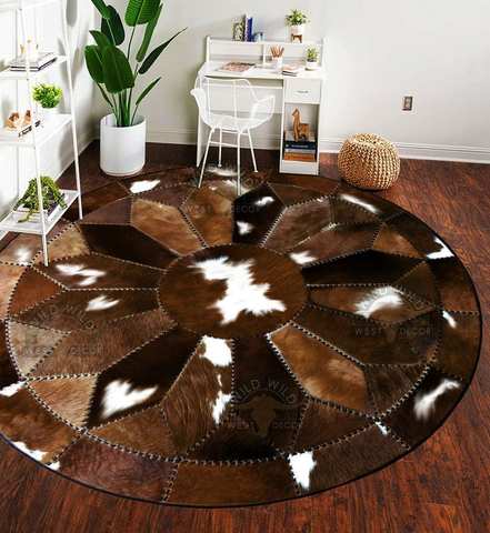Brown cowhide patchwork leather carpet in living room