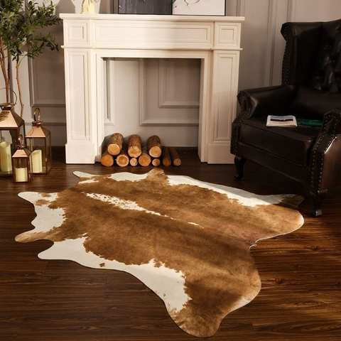 Caramel and white natural cowhide leather rug fireplace