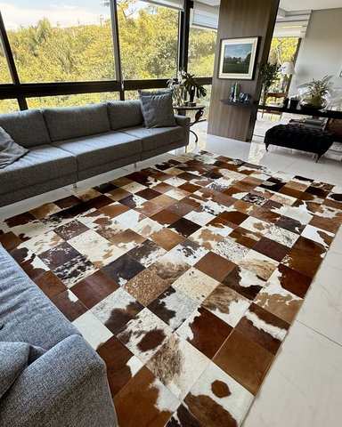 Brown ivory cowhide patchwork grid leather carpet