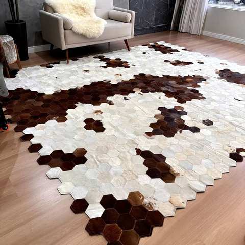 Round sunburst pattern cowhide leather patchwork rug