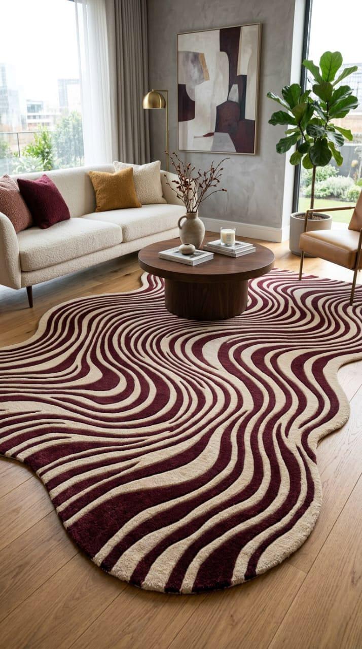 Burgundy and cream wavy abstract hand tufted rug in living room