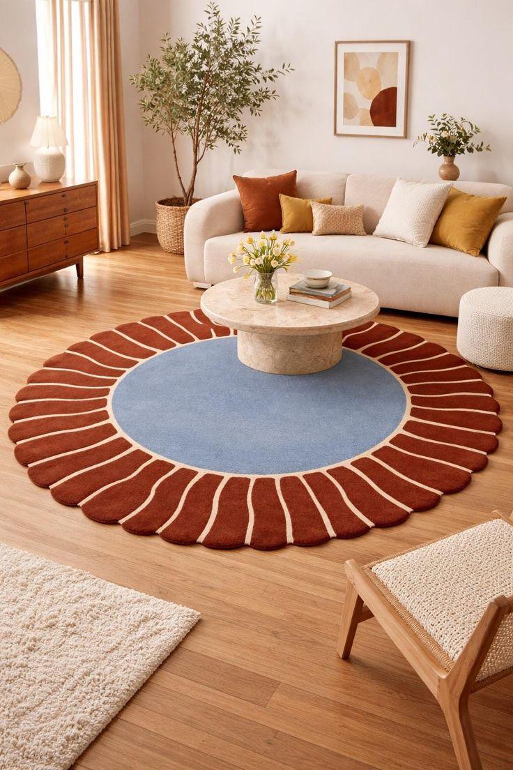 Terracotta and blue sunburst round hand tufted rug
