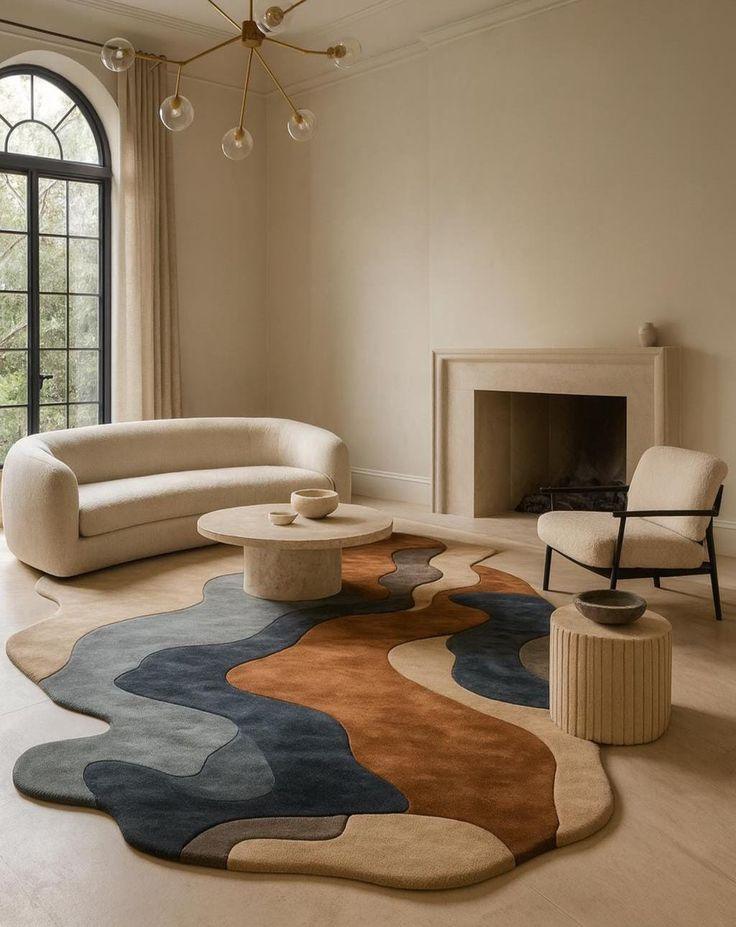 Multicolour wave abstract hand tufted rug with fireplace