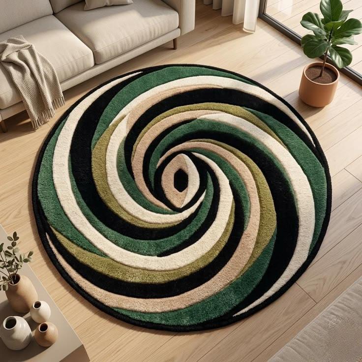 Green and cream swirl pattern round hand tufted rug