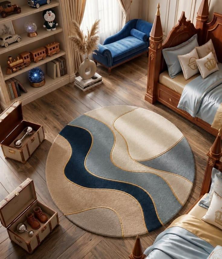 Blue and beige wave pattern round hand tufted rug in bedroom