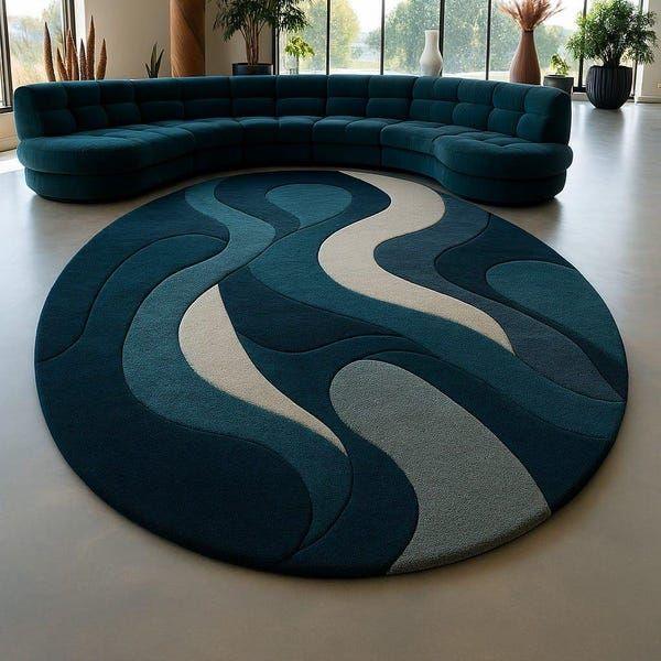 Deep teal and grey wave pattern oval hand tufted rug