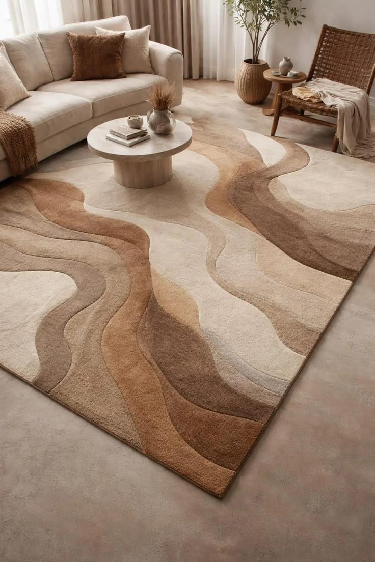 Brown and beige wave pattern hand tufted rug in living room