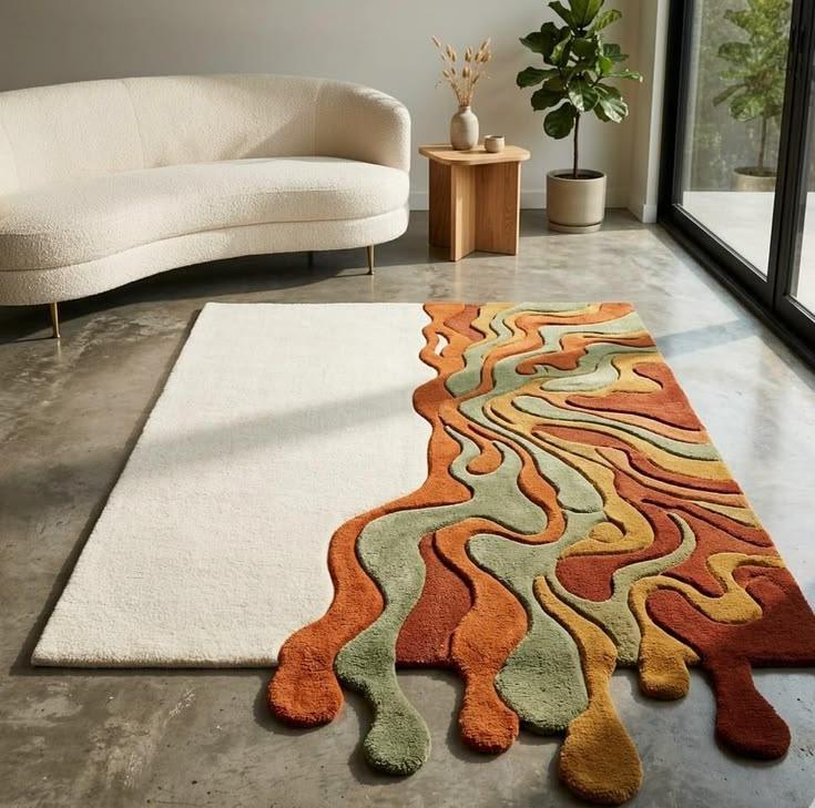 Cream rug with orange amber paint drip pattern hand tufted design