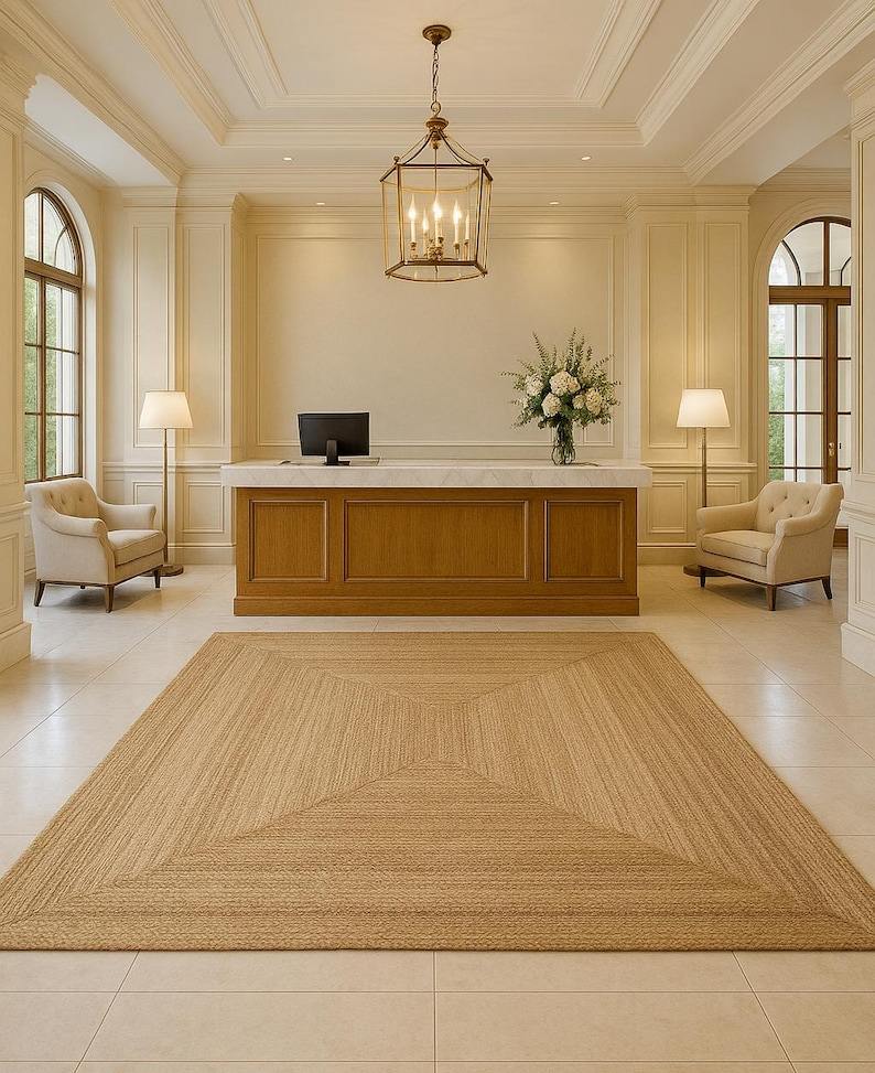 Large natural jute rug in elegant hotel lobby reception