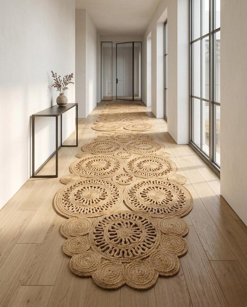 Cluster of natural jute crochet mandala rugs in hallway runner