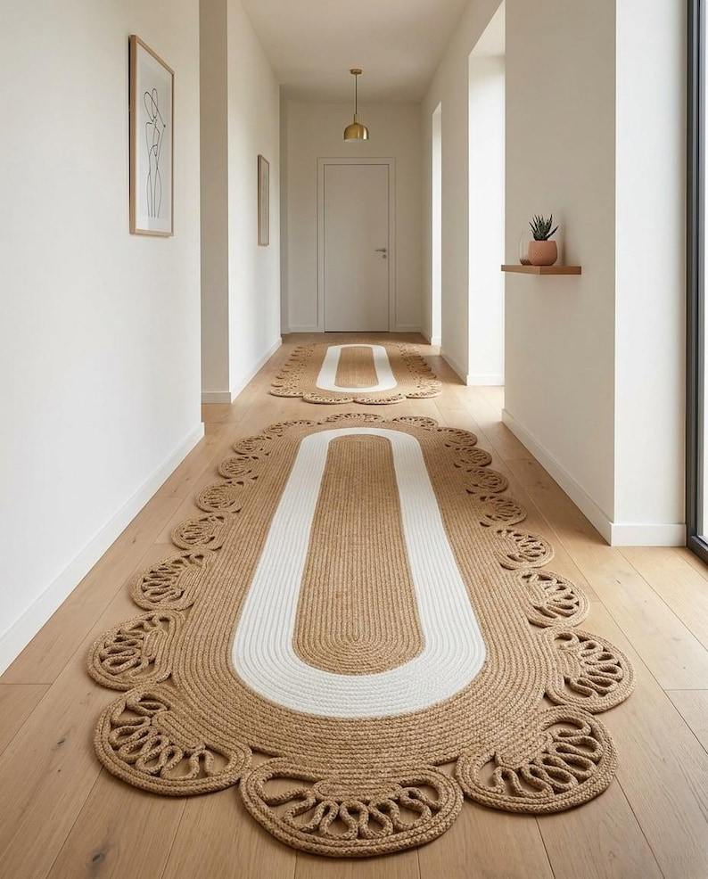 Natural jute oval runner with white centre and scallop border in hallway