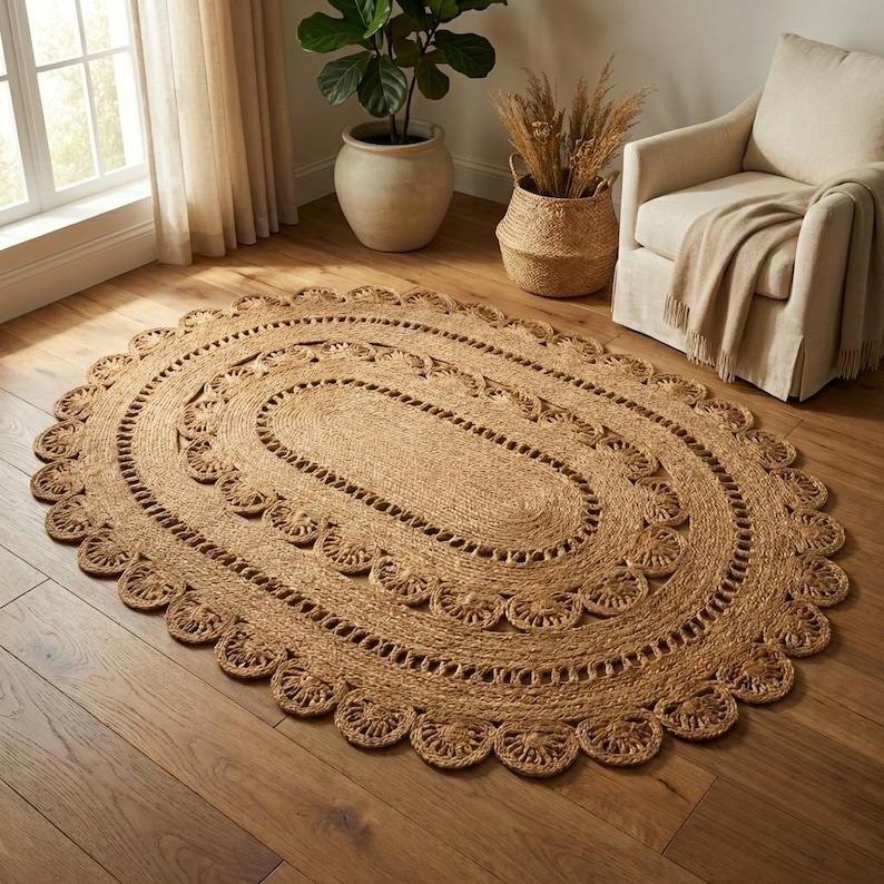 Natural jute oval rug with crochet lace scallop edge in living room