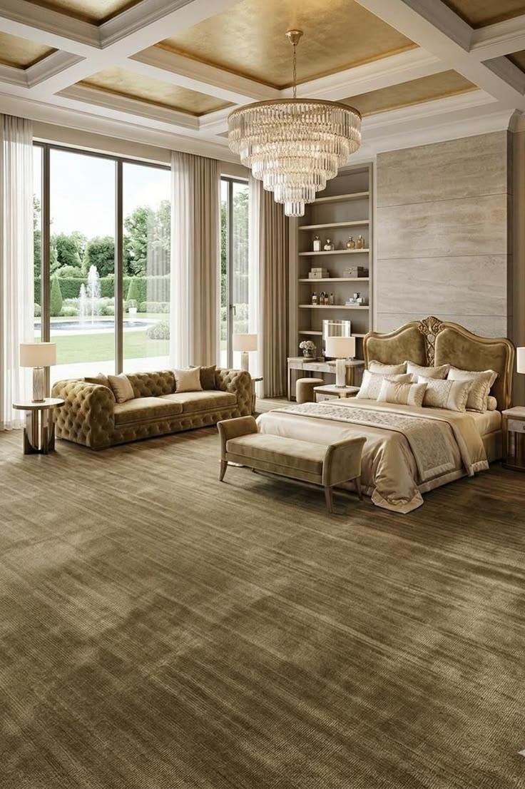 Champagne gold silk carpet in luxury bedroom with crystal chandelier