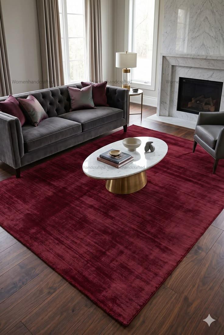 Deep burgundy silk rug in elegant living room with marble fireplace