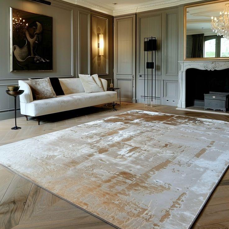 Abstract gold and cream silk rug in classic formal living room