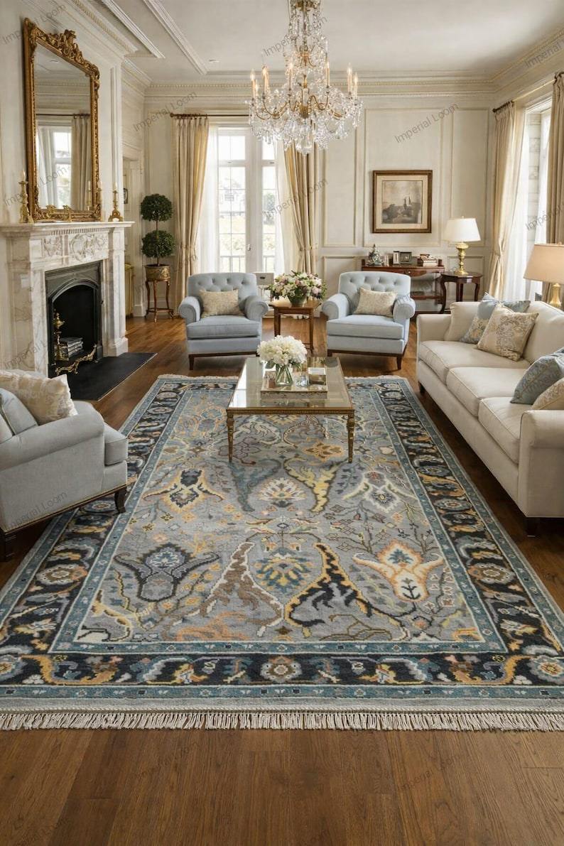 Blue and gold floral silk rug in grand formal living room