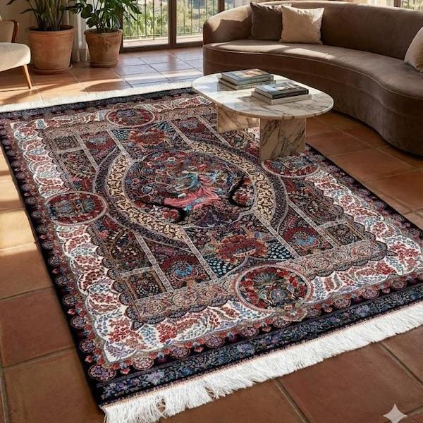 Red traditional medallion hand knotted silk rug in Mediterranean room