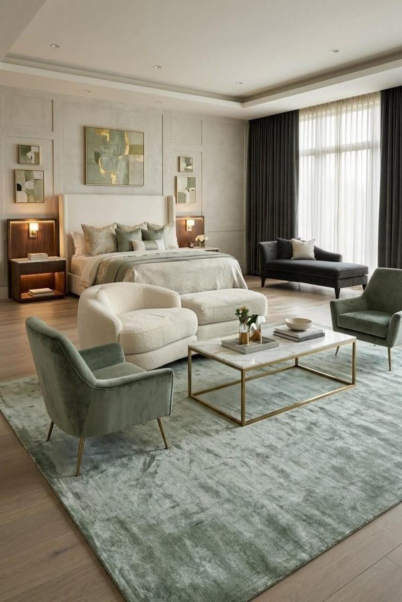 Sage green viscose silk rug in modern luxury bedroom